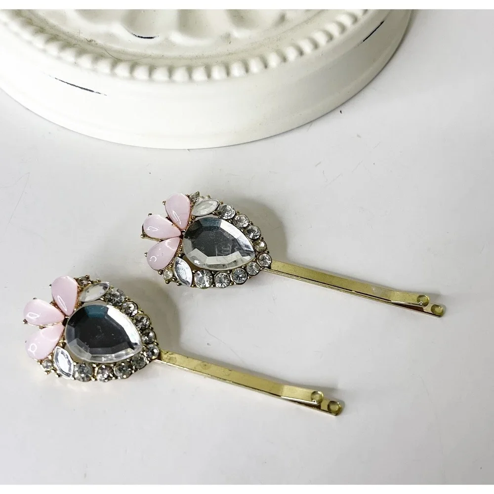 Vintage Y2K Large Rhinestone Bobby Pins Pink Bead Gold Metal Glam Coquette 90s